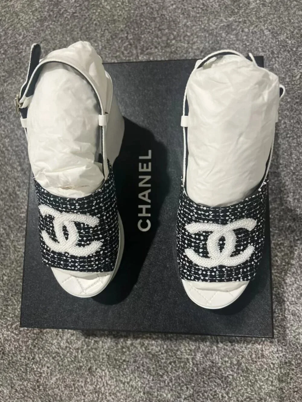 Chanel Tweed Logo Strap Wedge Heel Sandals,